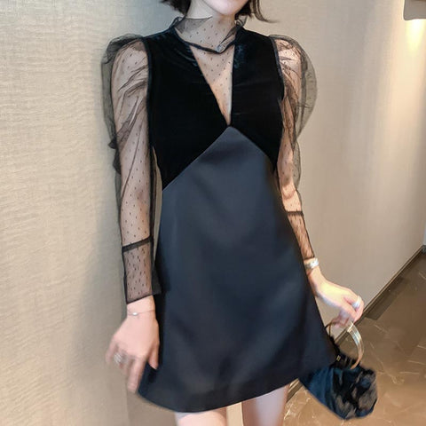 Sexy mesh see through patch long sleeve party dresses