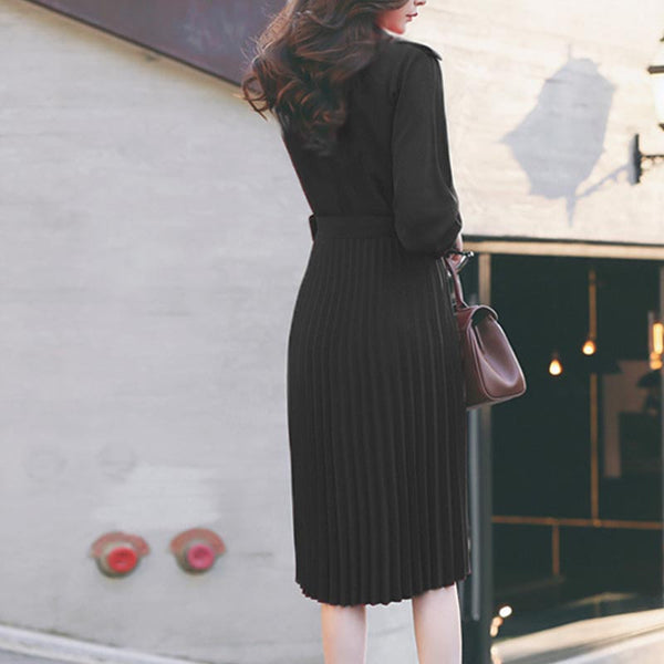 Double-breasted pleated midi dresses
