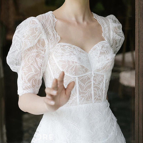 Retro lace puff sleeve irregular a-line dresses