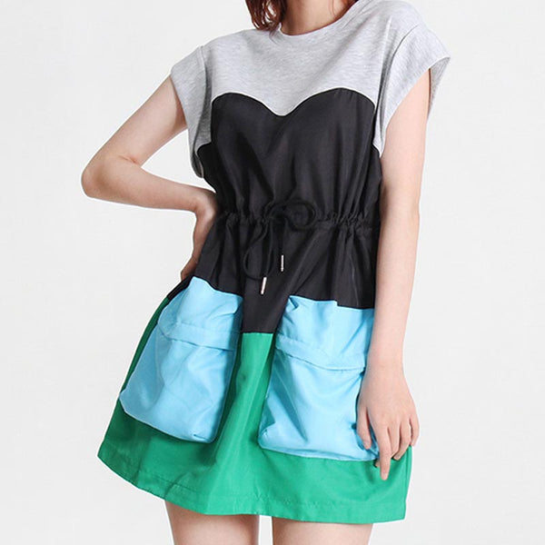 Casual color block pockets drawstring short sleeve dresses