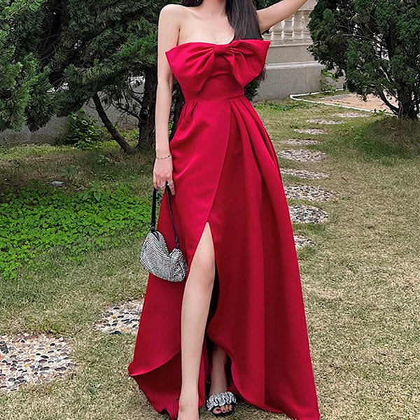 Sexy strapless bowknot strapless splitted party dresses