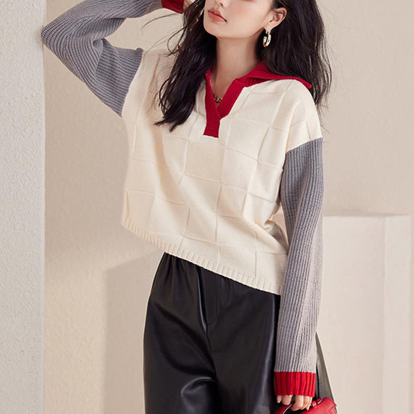 Casual color block lapel long sleeve sweaters