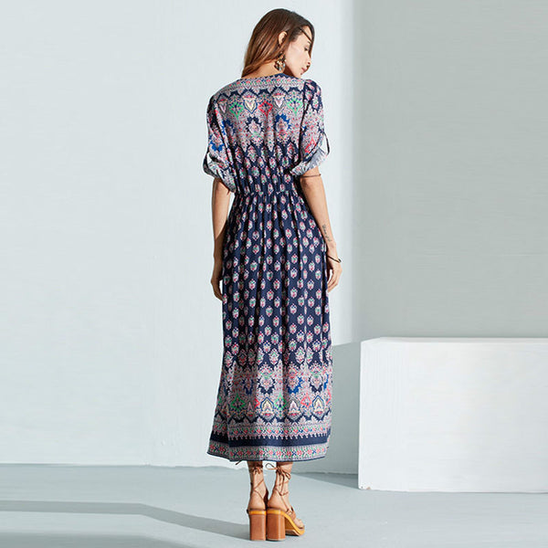 Bohemia print slit half sleeve maxi dresses