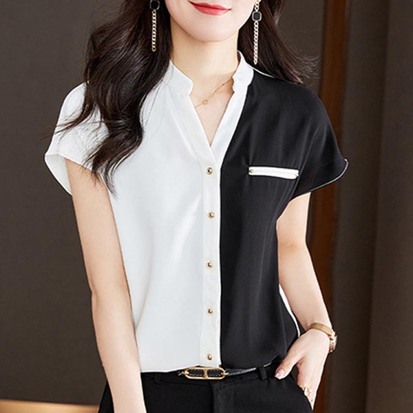 Color contrast short sleeve v-neck chiffon blouses