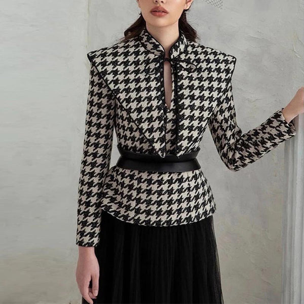 Houndstooth mock neck long sleeve coats and mesh skirts suits