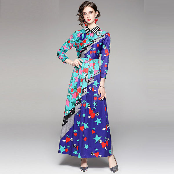 Long sleeve print pleated maxi dresses