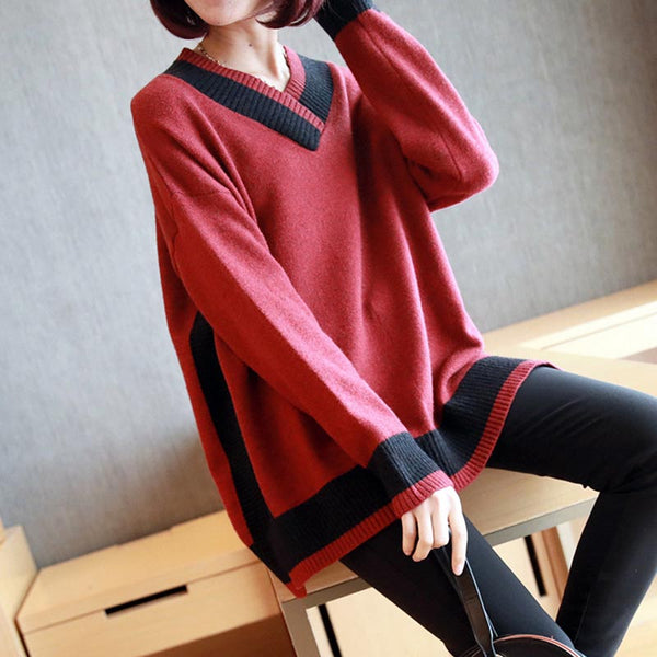 V neck color-blocked mid-length sweaters