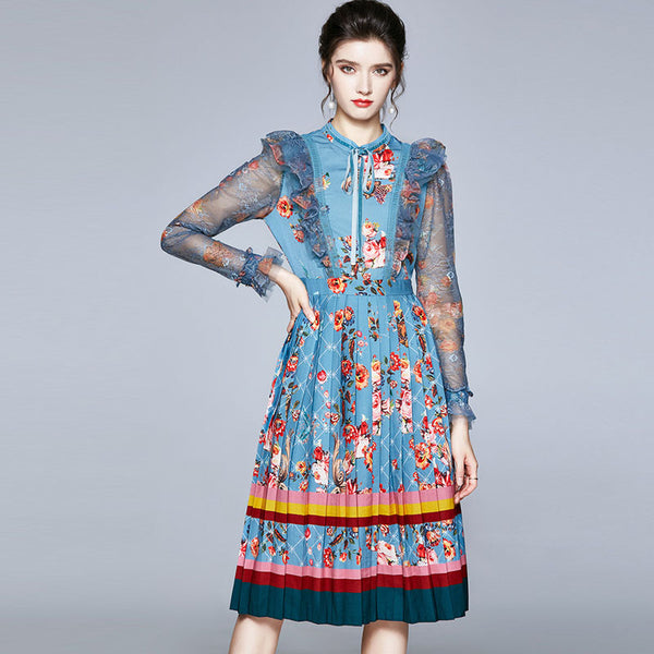Lace patchwork sleeve pleated floral dresses
