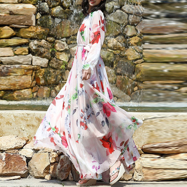 Floral begonia print belted big hem maxi dresses