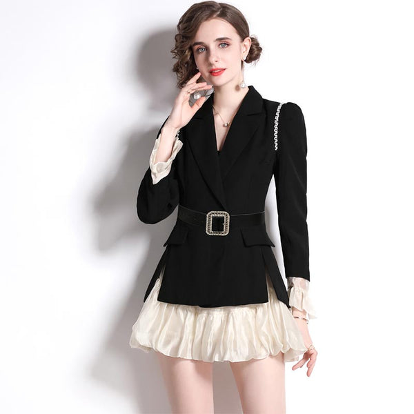Vintage patch long sleeve belted blazers and mini skirts suits