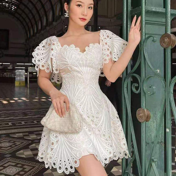 Square neck short sleeve lovely lace mini dress