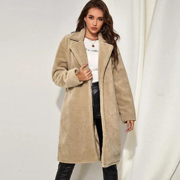 Lapel solid faux fur versatile long coats