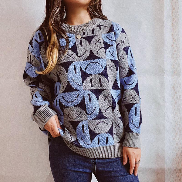 Casual emoji patch o-neck long sleeve pullover sweaters
