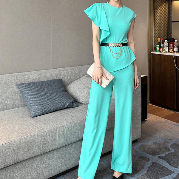 Pure color short sleeve tops and high waist wide leg pants suits