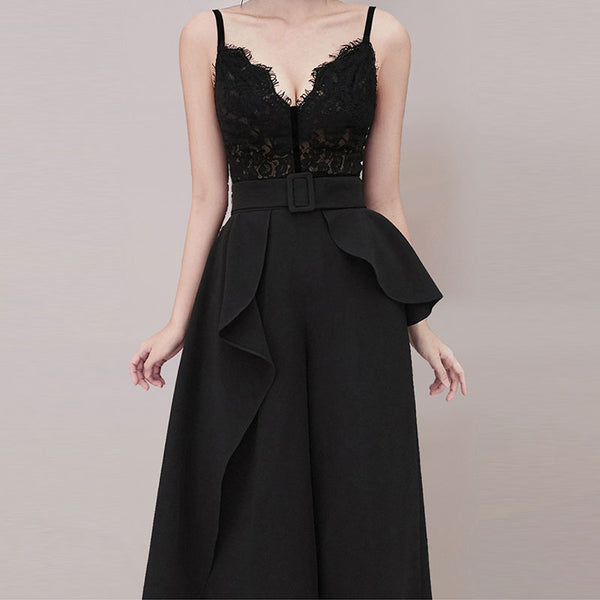 Black lace slip top belted maxi skirt suits