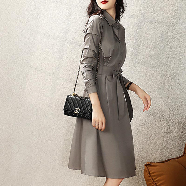 Casual lapel long sleeve belted shirt dresses