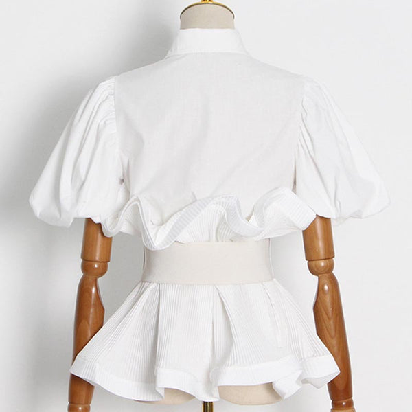 Chic solid ruffled single-breasted blouses