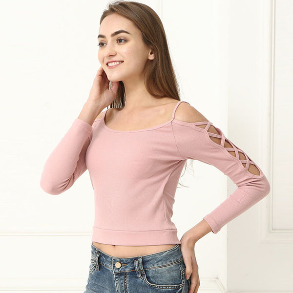 Solid off-the-shoulder openwork long sleeve ribbed yoga tops