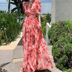 Printed v-neck short sleeve belted maxi dresses