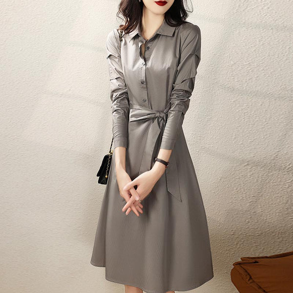 Casual lapel long sleeve belted shirt dresses