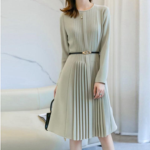 Elegant crew neck long sleeve pleated skater dresses