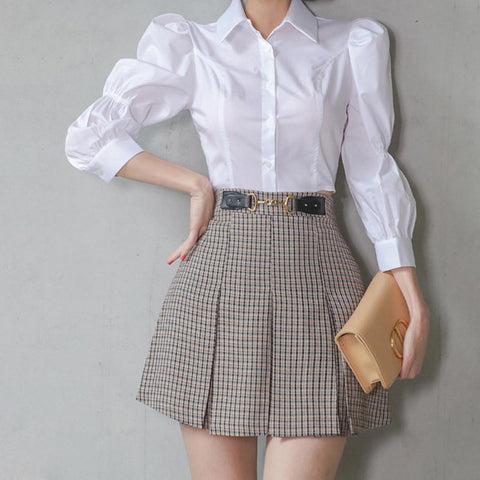 Elegant solid lapel long sleeve blouses and plaid a-line mini skirts suits