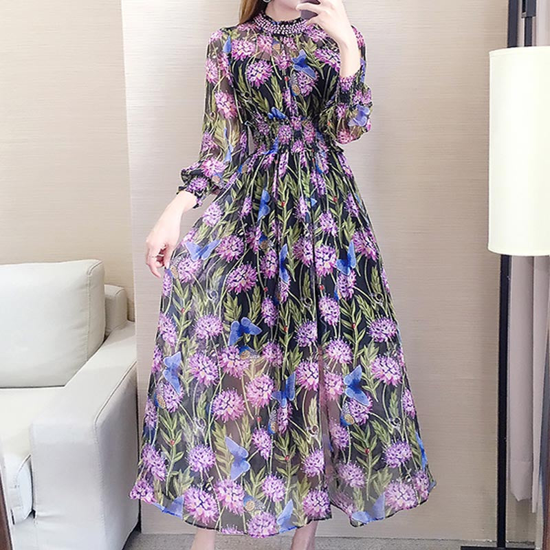 Fashion print mock neck long sleeve maxi dresses