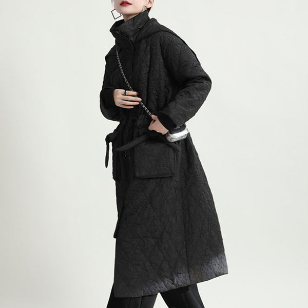 Solid drawcord hooded long winter coats