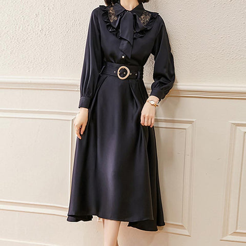 Brief lace patch long sleeve blouses and high waist a-line skirts suits