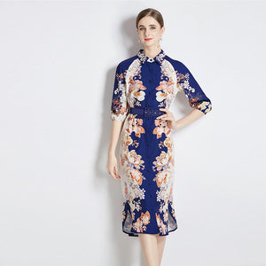 Retro print lapel single breasted dresses with belt