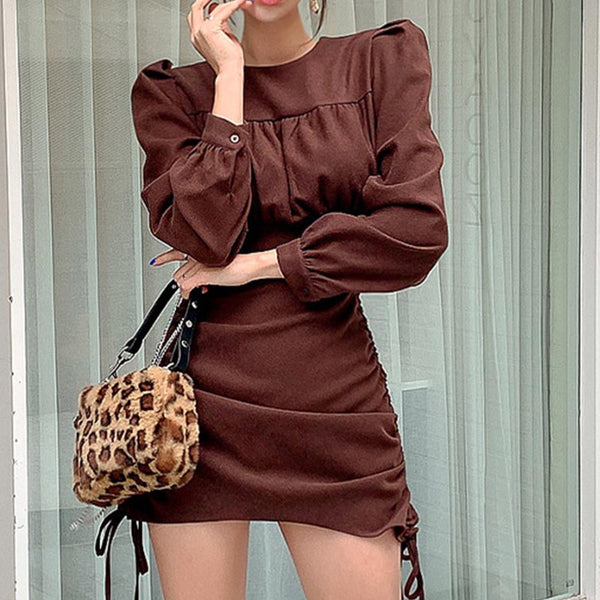 Smocked solid puff sleeve drawstring bodycon dresses