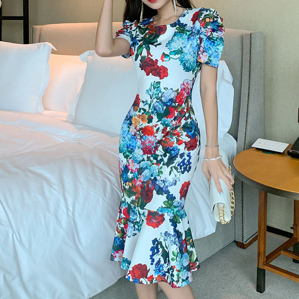 Puff sleeve print bodycon peplum dresses