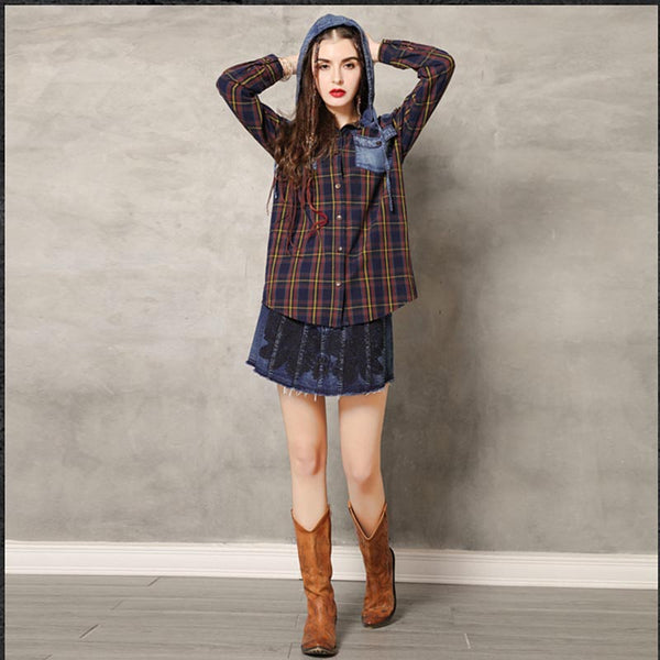 Plaid patchwork hooded blouses