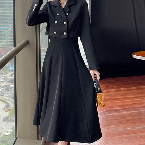 Solid lapel long sleeve short blazers and high wasit a-line skirts suits