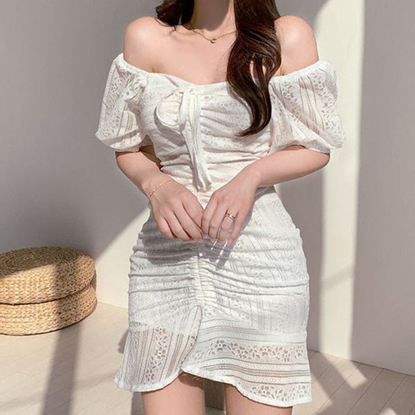 Off-the-shoulder drawcord mini lace dresses