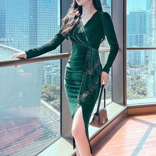 Velvet v-neck long sleeve split slim dresses