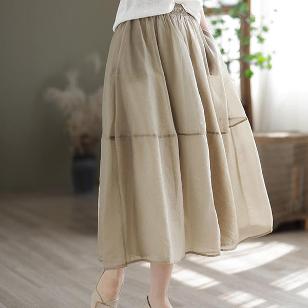 Organza solid elastic waist a-line midi skirts