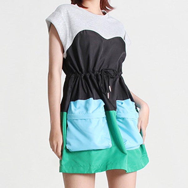 Casual color block pockets drawstring short sleeve dresses