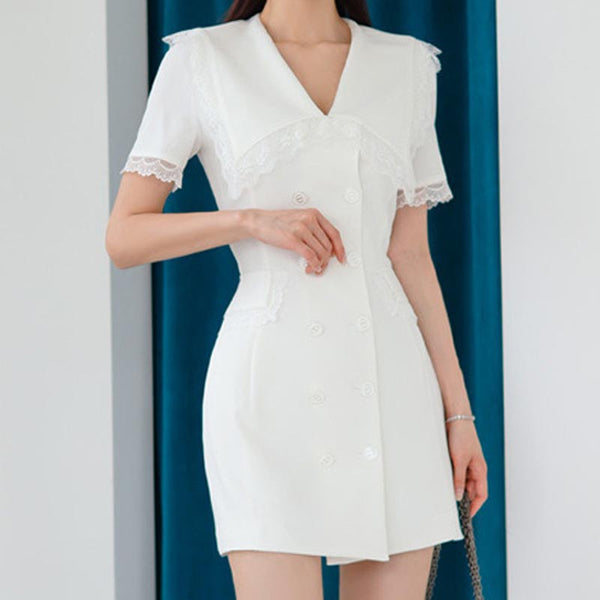 Solid splicing v-neck double breasted slim dresses