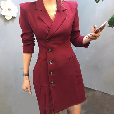 Solid single breasted lapel pleated blazer dresses