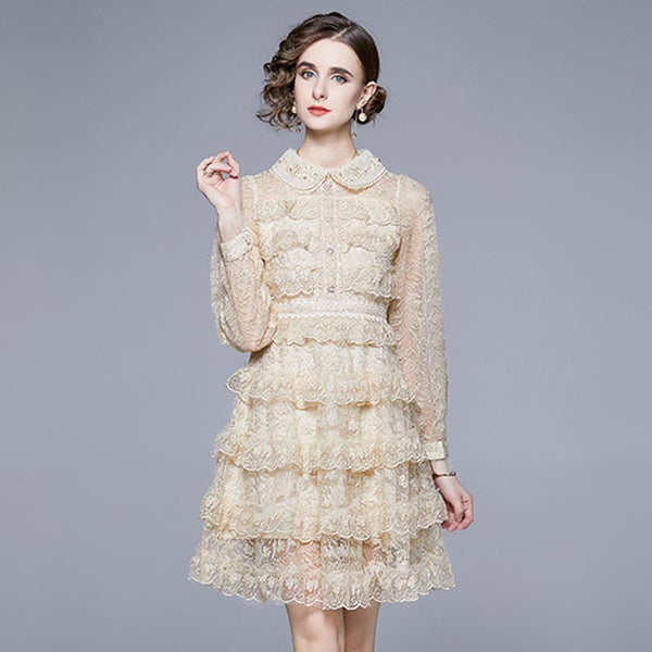 Embroidery lace long sleeve skater dresses