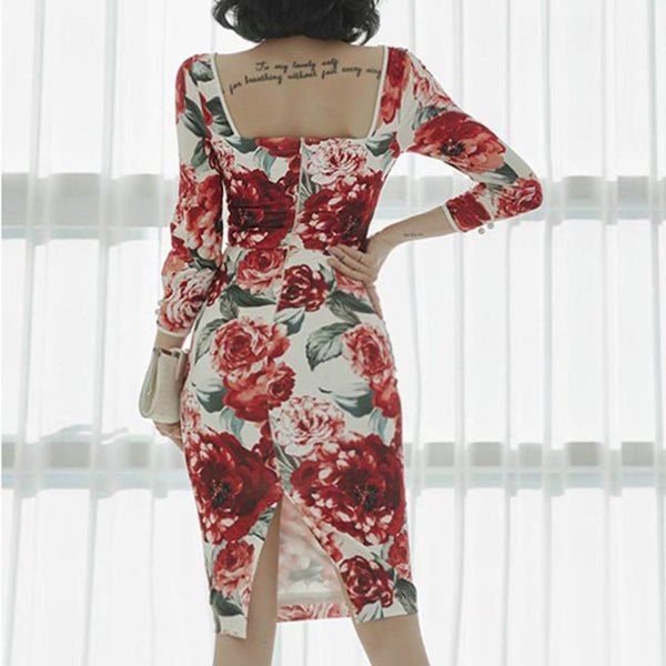 Sweet flower print square neck slim dresses