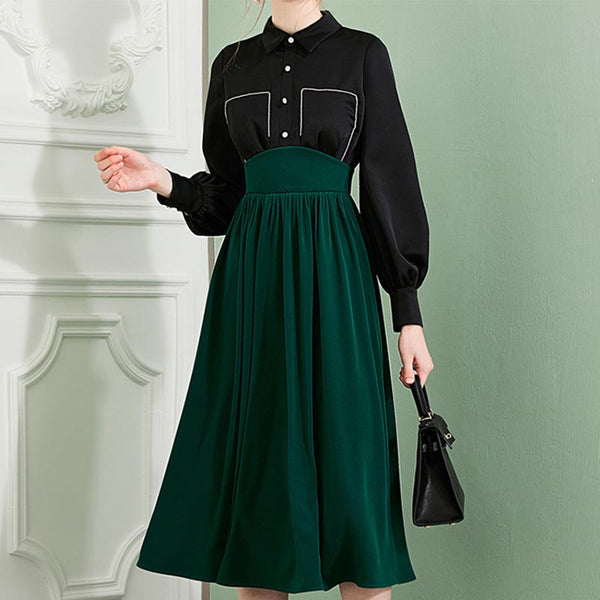 Vintage patch lapel long sleeve high waist a-line dresses