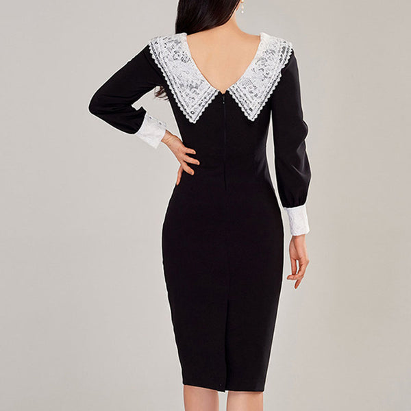 Turn-down collar color blocked bodycon dresses