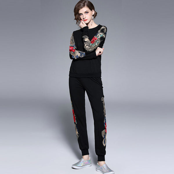 Daytime embroidered pullover pant suits