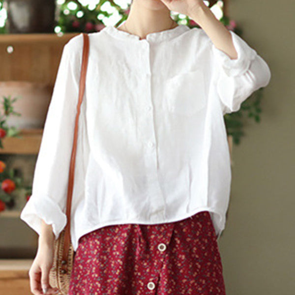 Retro linen mock neck long sleeve blouses