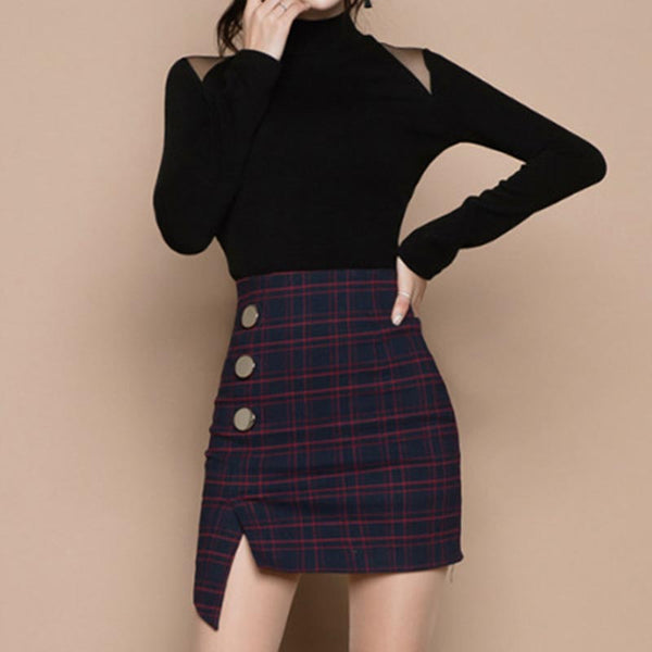 Long sleeve turtleneck tops & plaid Irregular skirts