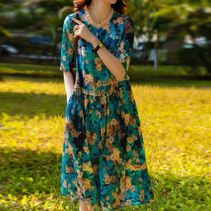 Distored selvedge blurred floral casual dresses