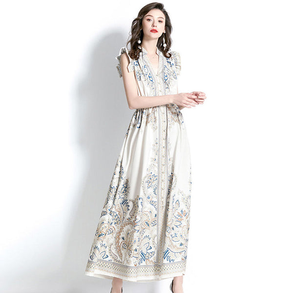 V-neck long sleeve floral print maxi dresses