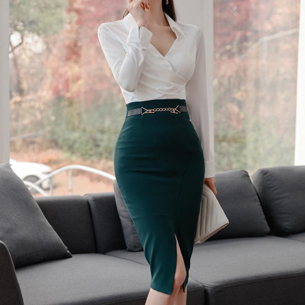 V-neck high waisted split skirt suits